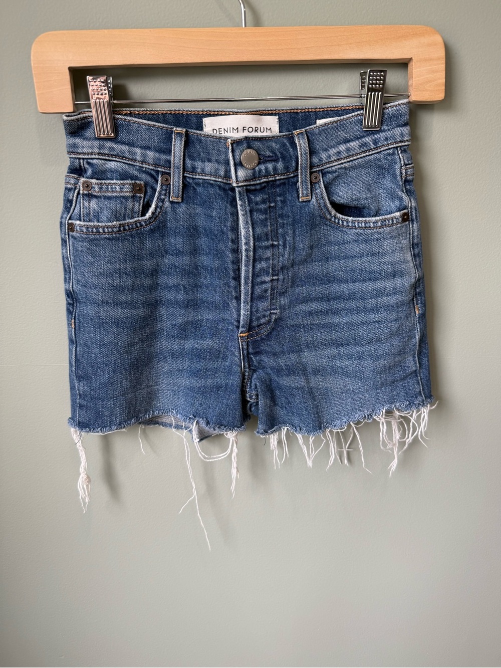 Denim Forum Medium Blue Frayed Hem Denim Shorts